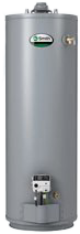 A gray gas residential water heater.