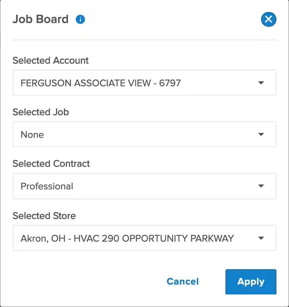 View of Job Board with form fields for selected account, job, contract and store, with Apply and Cancel buttons on the bottom.