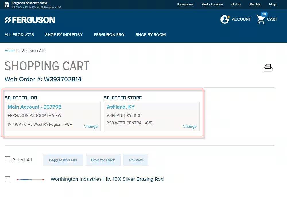 View of shopping cart with selected job and selected store outlined in red.