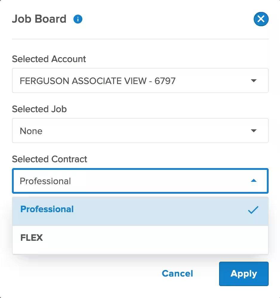 View of Job Board screen showing dropdown menu with contracts to select.