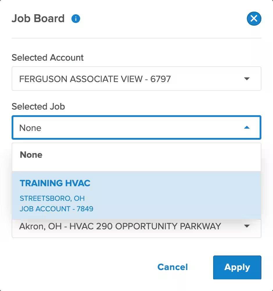 View of Job Board screen showing dropdown menu of jobs to select.