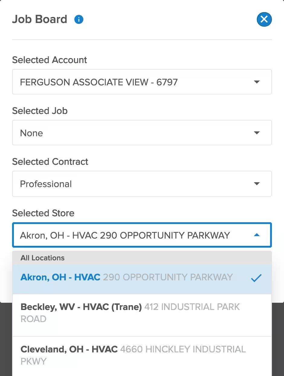 View of Job Board screen showing dropdown menu of store locations to select, with Akron, OH, selected.