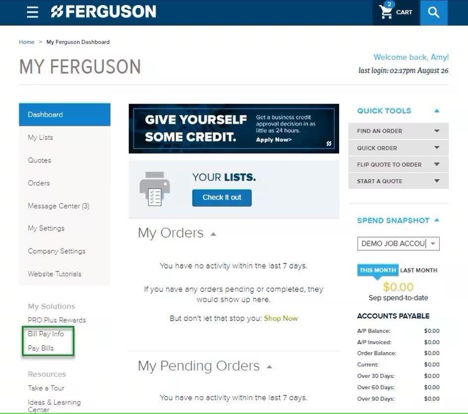Screenshot of Ferguson Dashboard with Bill Pay Info and Pay Bills menu tabs on left outlined in green.
