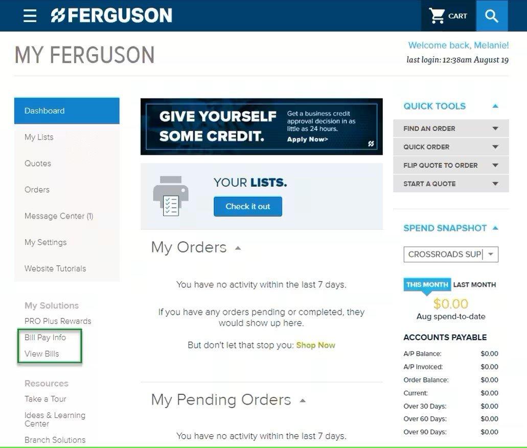 Slightly larger screenshot of Ferguson Dashboard with Bill Pay Info and Pay Bills menu tabs on left outlined in green.