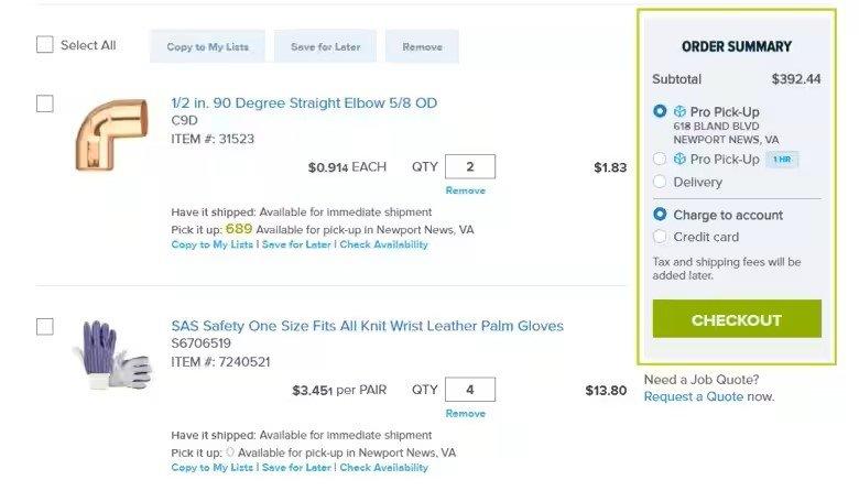 View of Ferguson shopping cart with Pro Pick-Up and store selected under the order summary outlined in green.