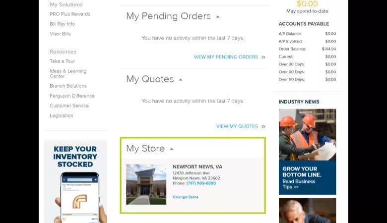 View of Pending Orders and Quote screen on Ferguson Dashboard with My Store section outlined in green.