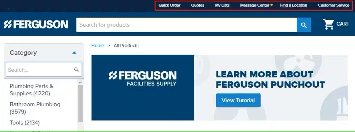 Screenshot of Ferguson products page with navigation buttons at top right outlined in red.