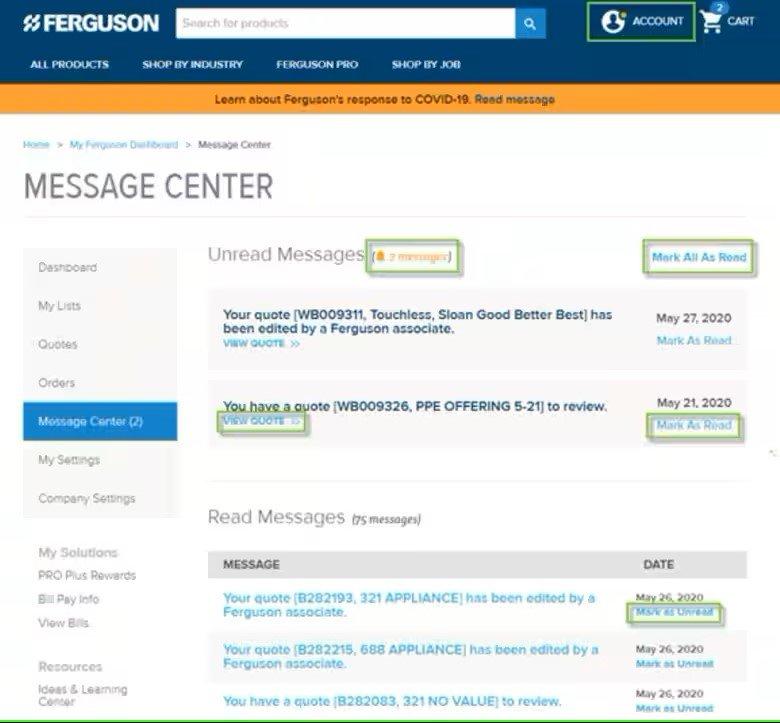 Screenshot of Message Center page on ferguson.com with various buttons outlined in green text, including new message alert, Mark All As Read, and View Quote.