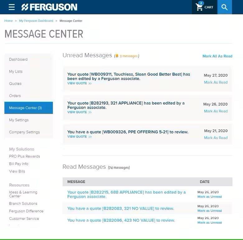 Screenshot of Message Center page on ferguson.com with three unread messages and 74 read messages.