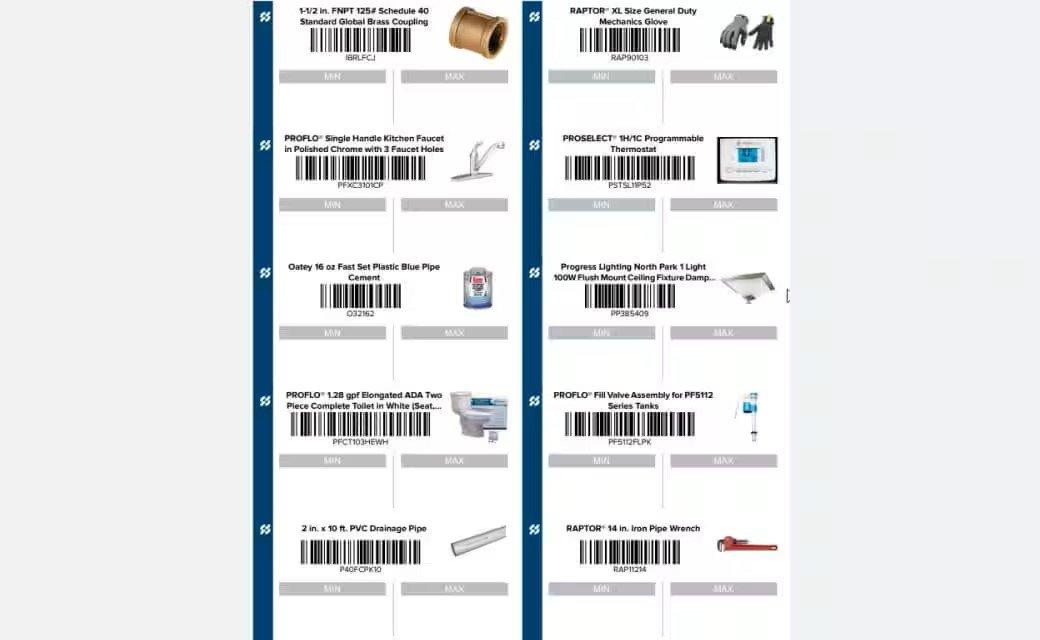 View of two rows of five products with images and barcodes.