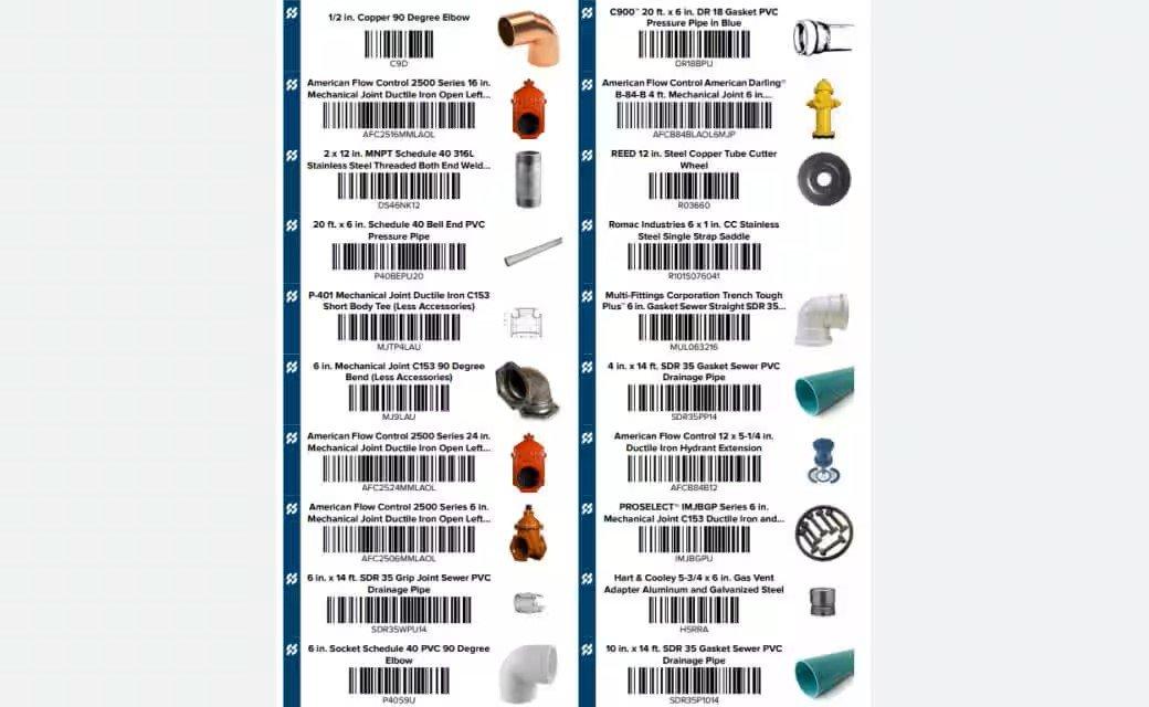 View of two rows of 10 products with images and barcodes.
