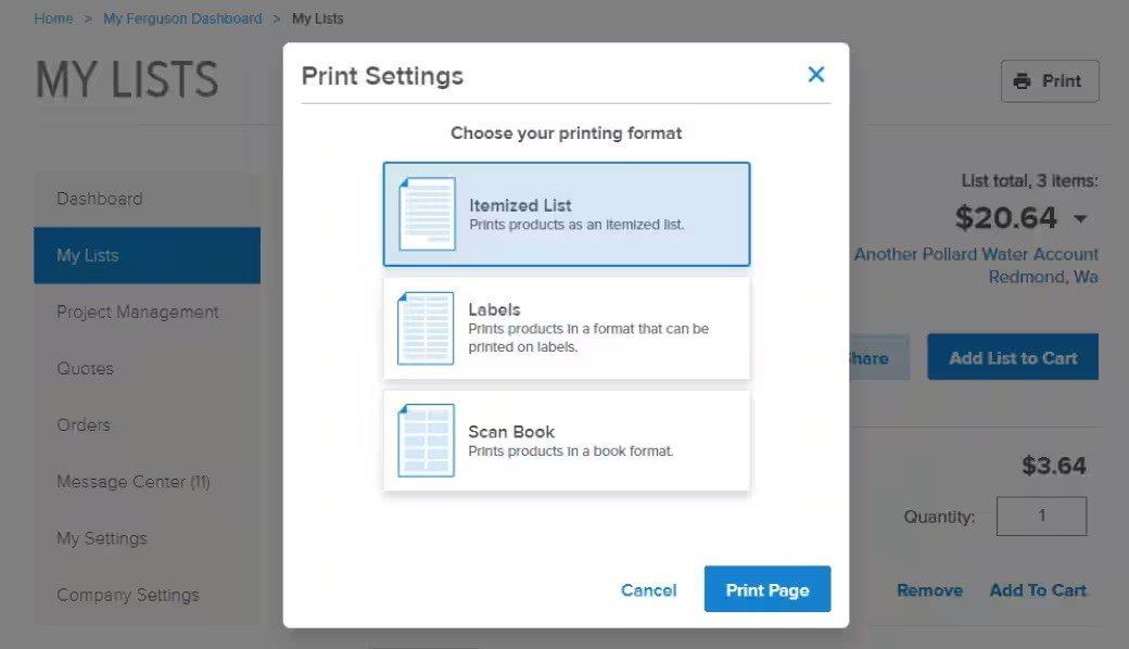 View of the Print Settings popup screen with Itemized List selected and buttons to cancel and print page.