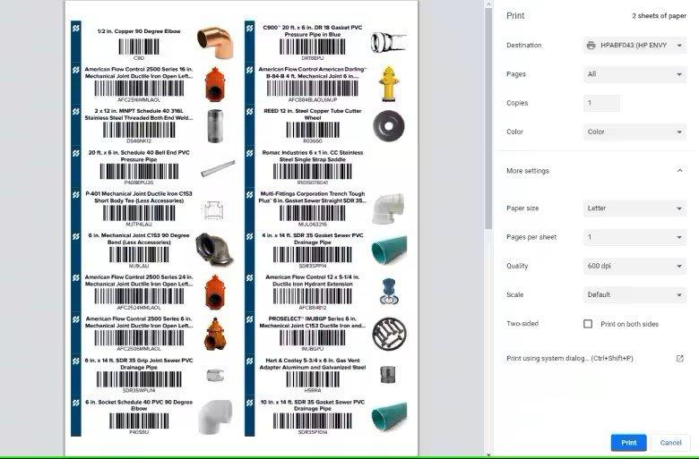 View of two rows of 10 products with images and barcodes in print preview showing print settings.