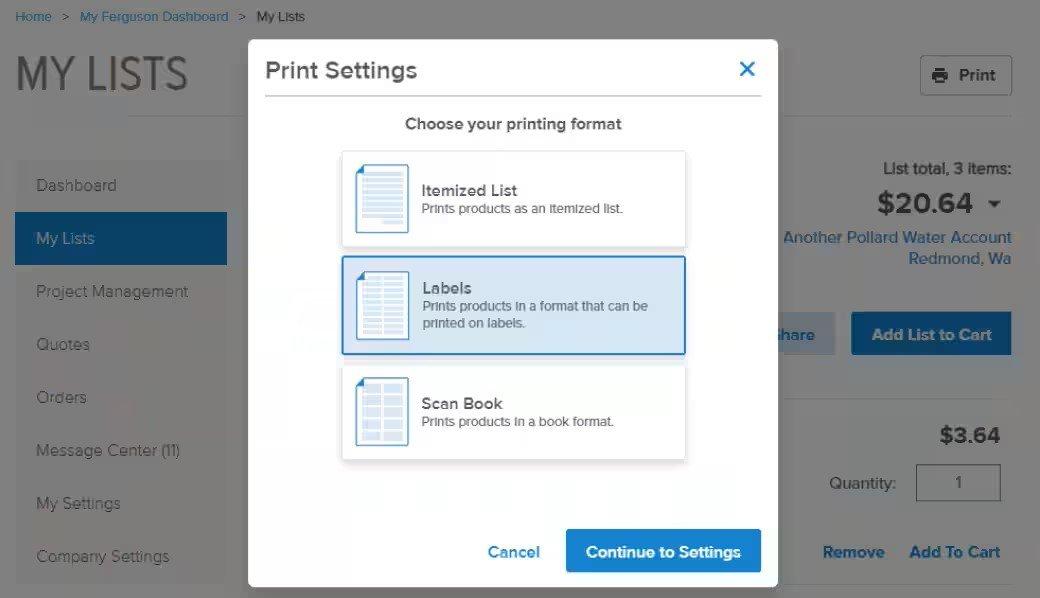 View of the Print Settings popup screen with Labels selected and buttons to cancel and continue to settings.