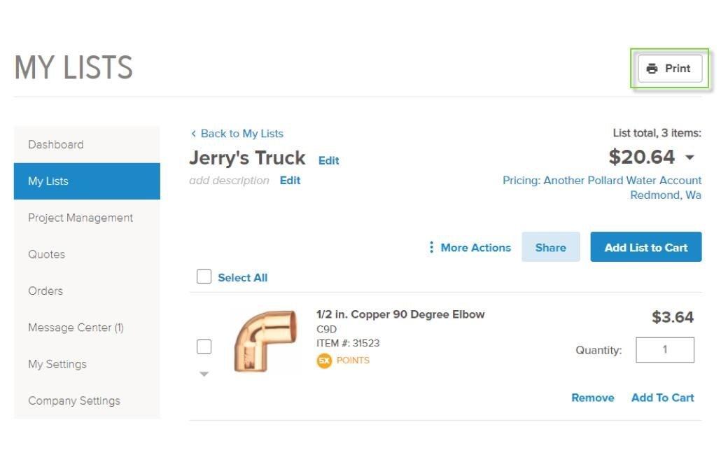 View of detailed Jerry’s Truck list with the print icon at the top outlined in green.
