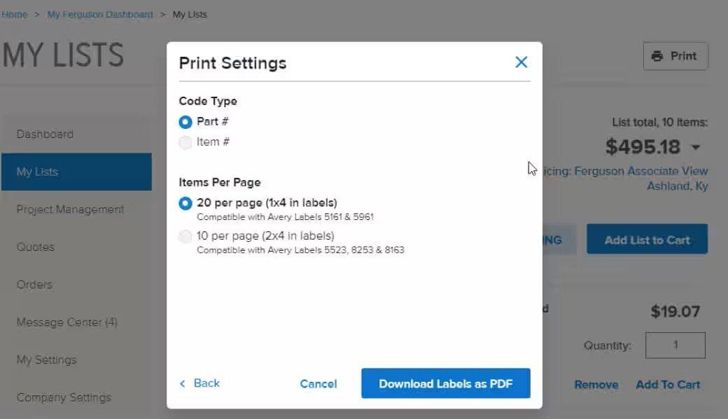 View of Print Settings popup screen with options to select code type of part number or item number and 10 or 20 items per page, with buttons to go back, cancel or download labels as PDF.