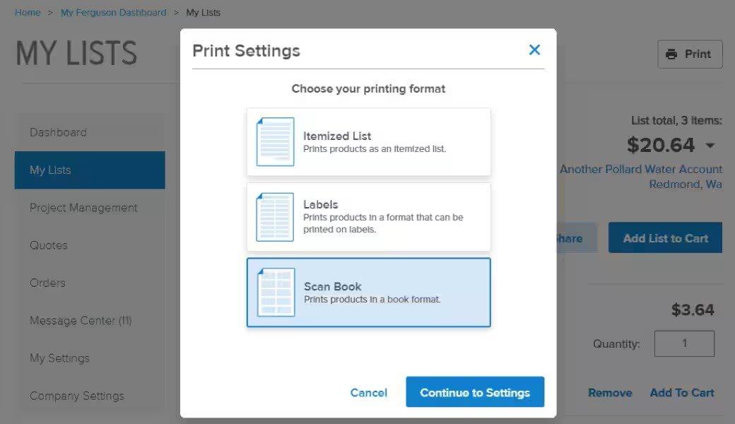View of the Print Settings popup screen with Scan Book selected and buttons to cancel and continue to settings.