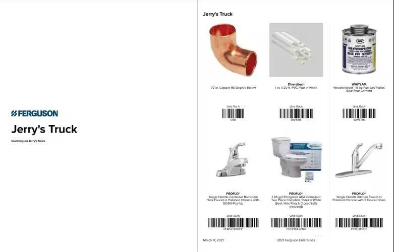 View of title page of scan book and page with six products with images and barcodes.