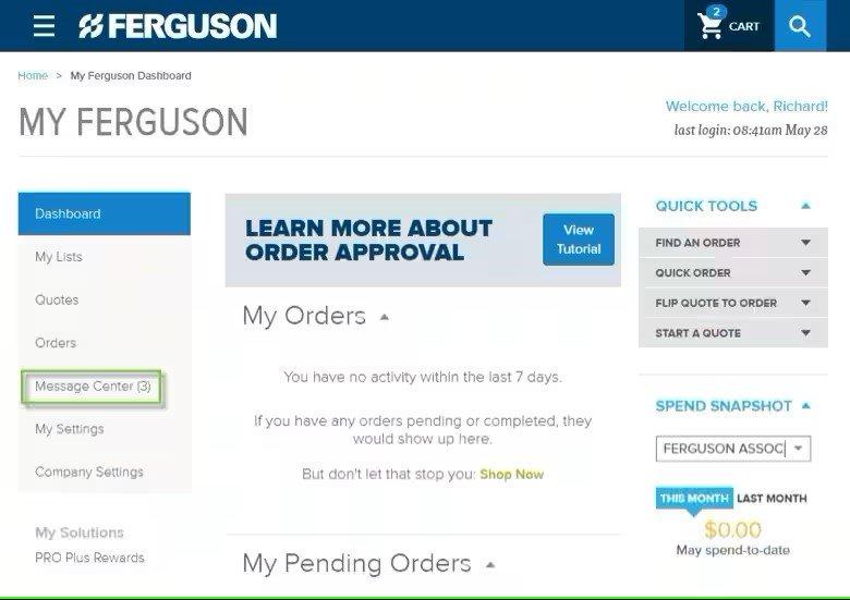 Screenshot of Dashboard page on ferguson.com with Message Center tab on the left-hand menu outlined in green.