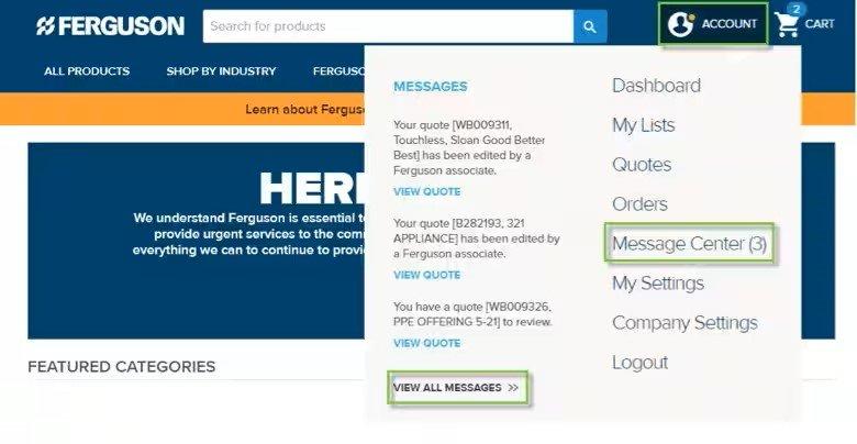 Screenshot of dropdown menu under My Account on ferguson.com with Message Center tab and View All Messages button outlined in green.