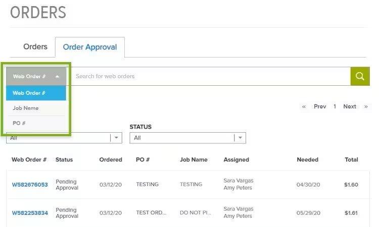 View of Order Approval tab on Orders screen, with the Web Order dropdown menu outlined in green.