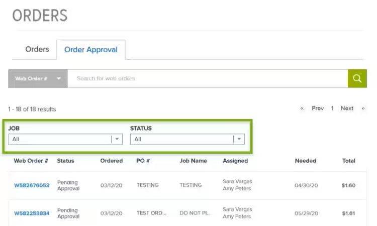 View of Order Approval tab on Orders screen, with the Job and Status menu dropdown fields outlined in green.
