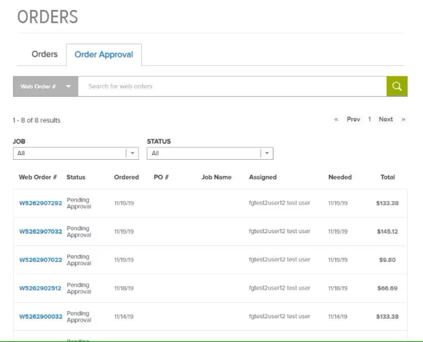 View of Order Approval tab on Orders screen, showing details of jobs pending approval.