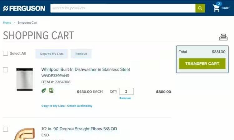 View of Ferguson shopping cart with the total and Transfer Cart button on the right outlined in green.