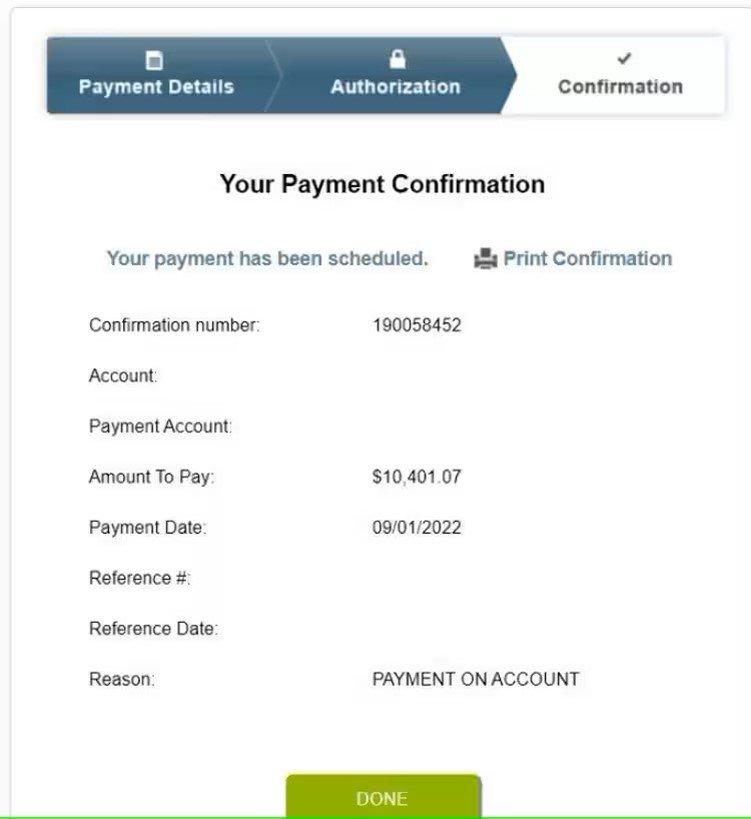 View of Payment Confirmation screen, with confirmation that payment has been scheduled.