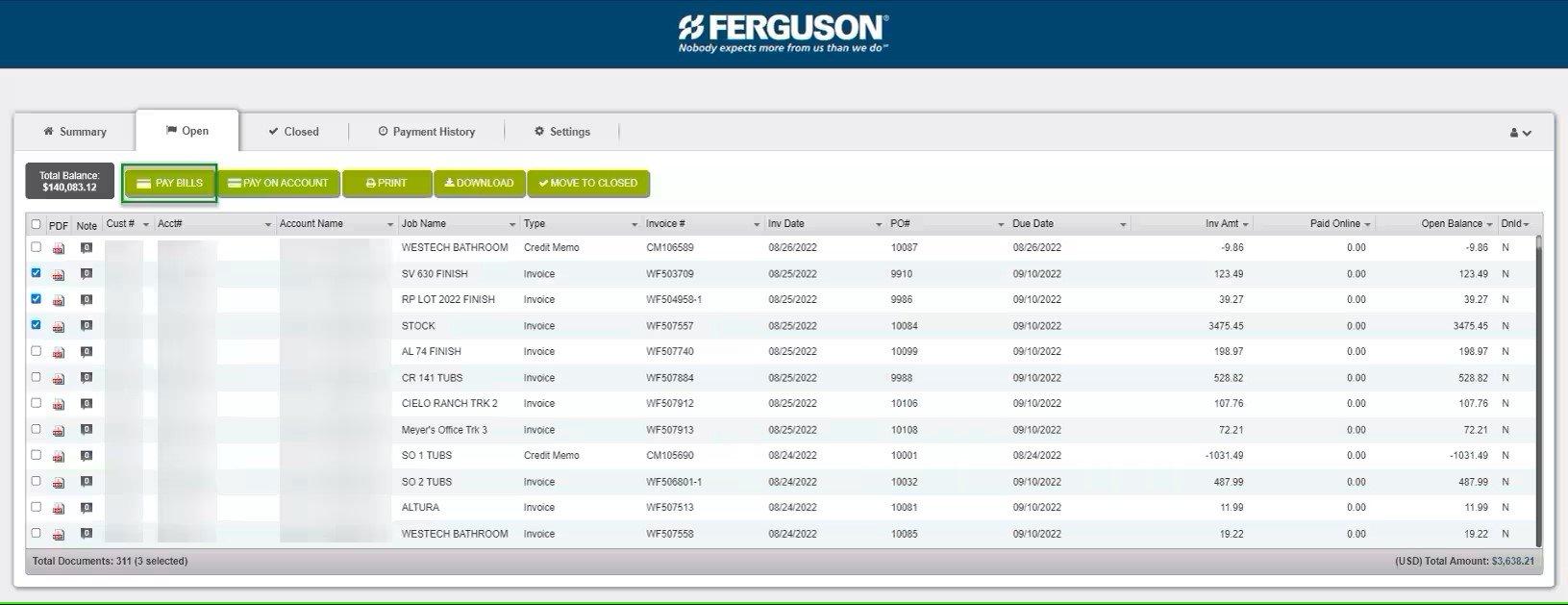 View of Open tab on Online Bill Pay, with Pay Bills button on the top outlined in green.