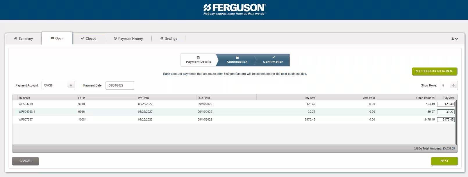 The Payment Details screen on the Open tab of Online Bill Pay, with details of orders to pay under the payment account.