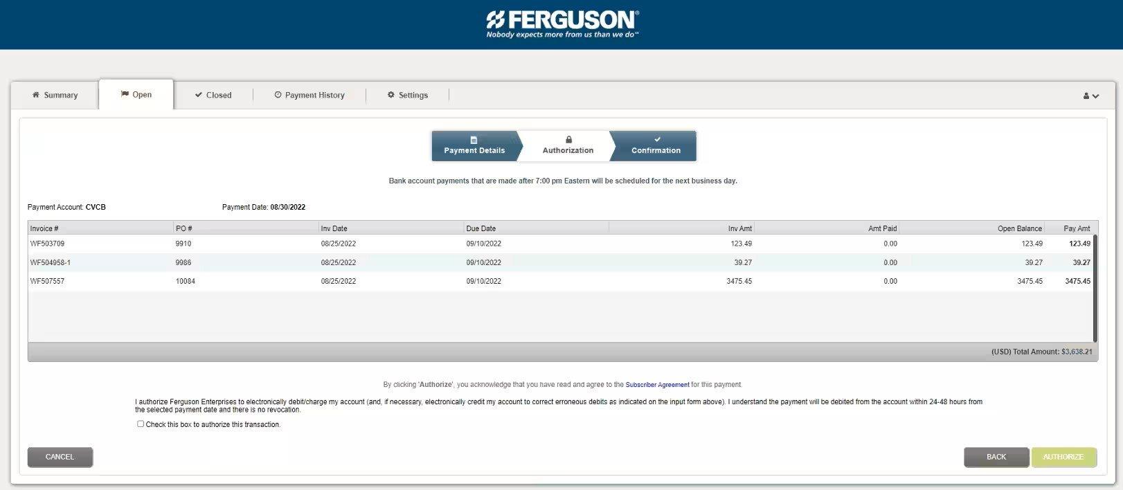 The Authorization details screen on the Open tab of Online Bill Pay, with order details and payment amounts to authorize.