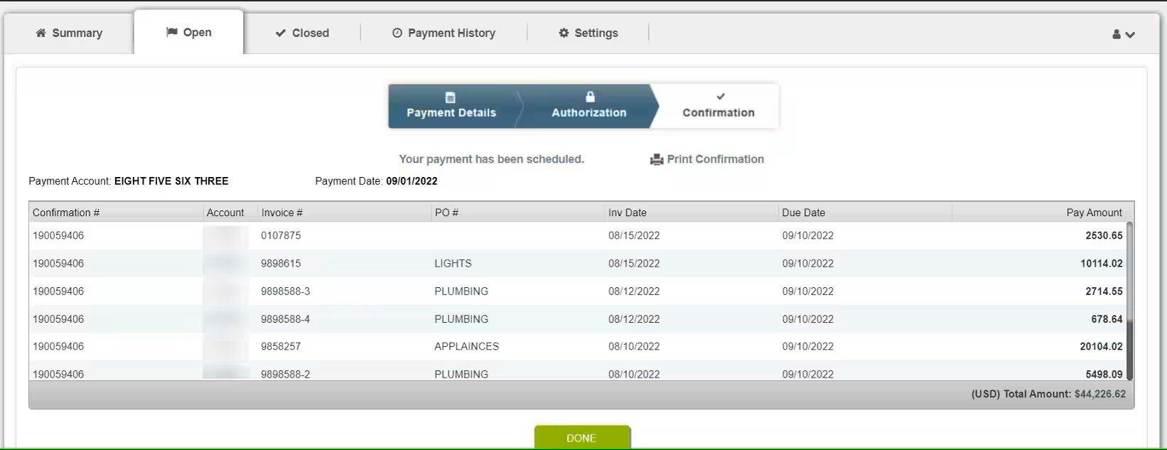 The Confirmation details screen on the Open tab of Online Bill Pay, with confirmation that payment has been scheduled.