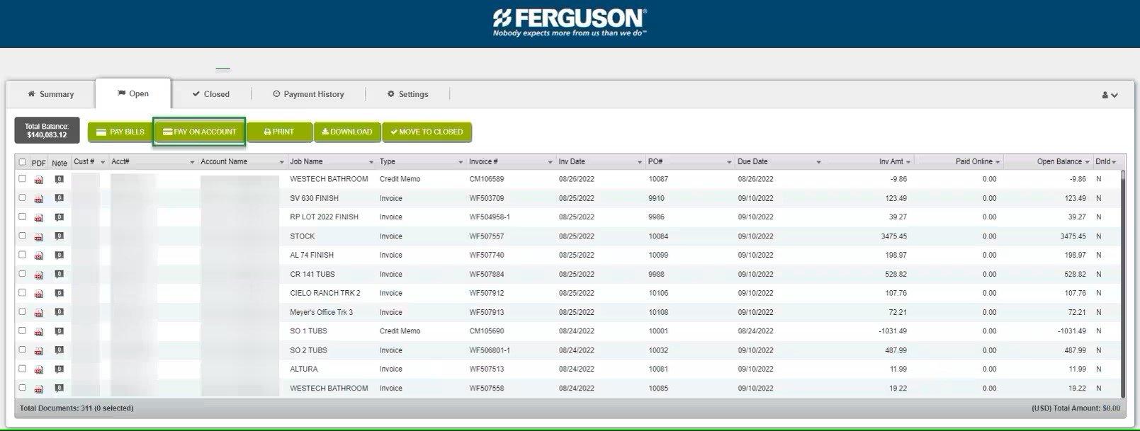 View of Open tab on Online Bill Pay, with Pay on Account button on the top outlined in green.