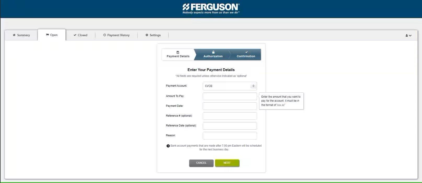 View of Payment Details screen on the Open tab of Online Bill Pay, with fields of payment details to enter under the selected payment account.