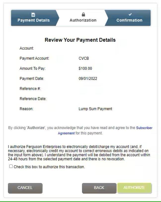 View of Authorization screen, with payment details and Cancel, Back and Authorize buttons along the bottom.