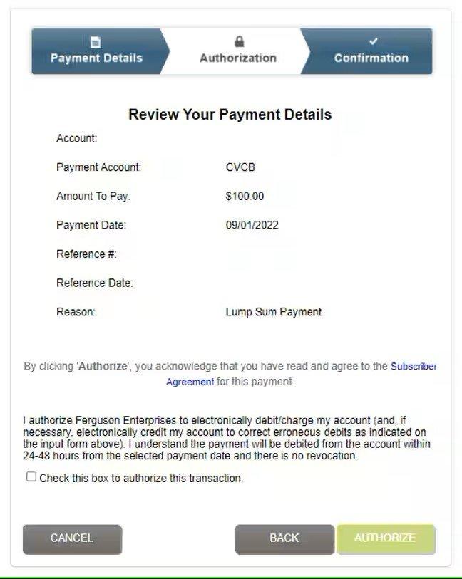 View of Authorization screen, with payment details and Cancel, Back and Authorize buttons along the bottom.