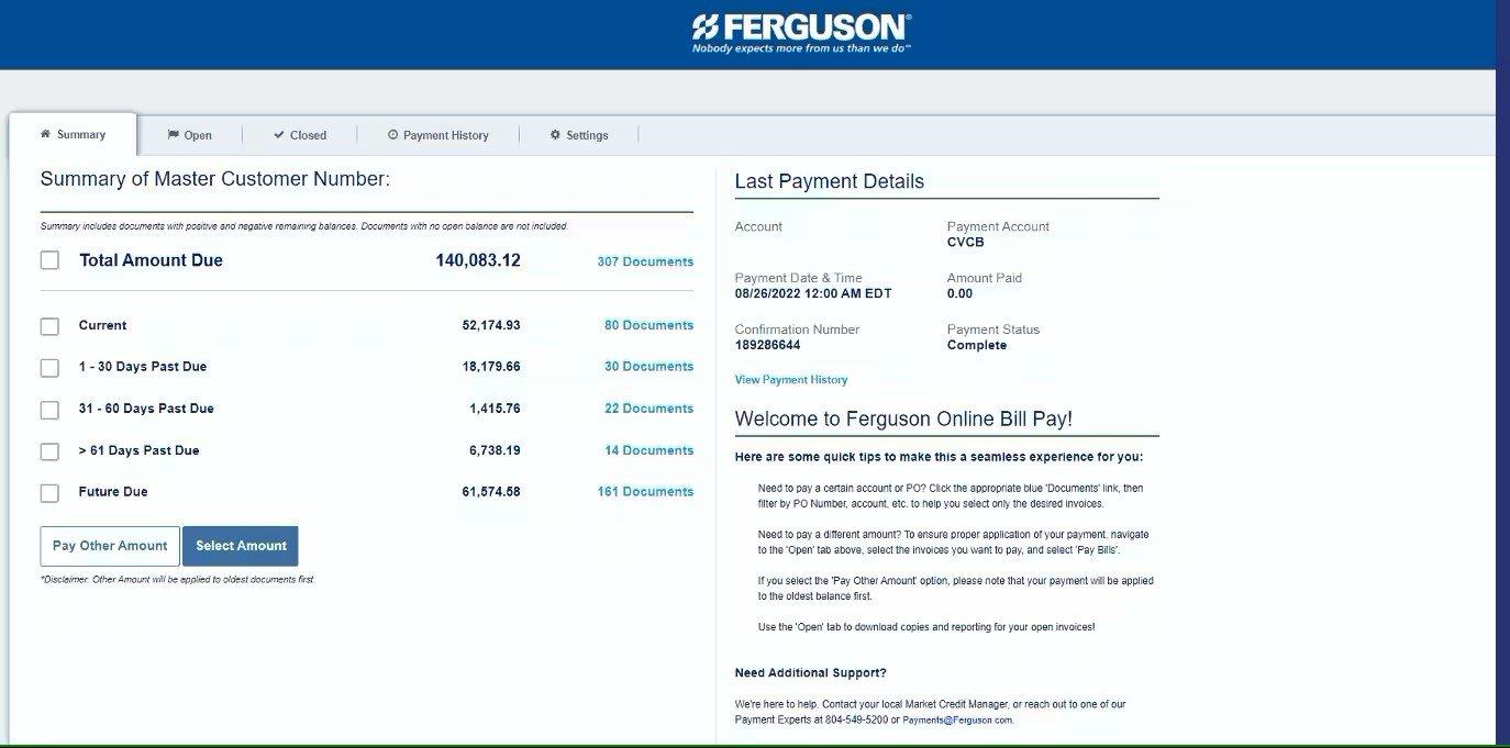 View of Online Bill Pay with a summary of master customer number and all orders with pending amounts due.