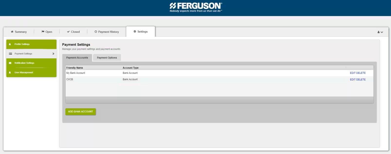 View of Settings tab on Online Bill Pay, with Payment Accounts to edit or delete.