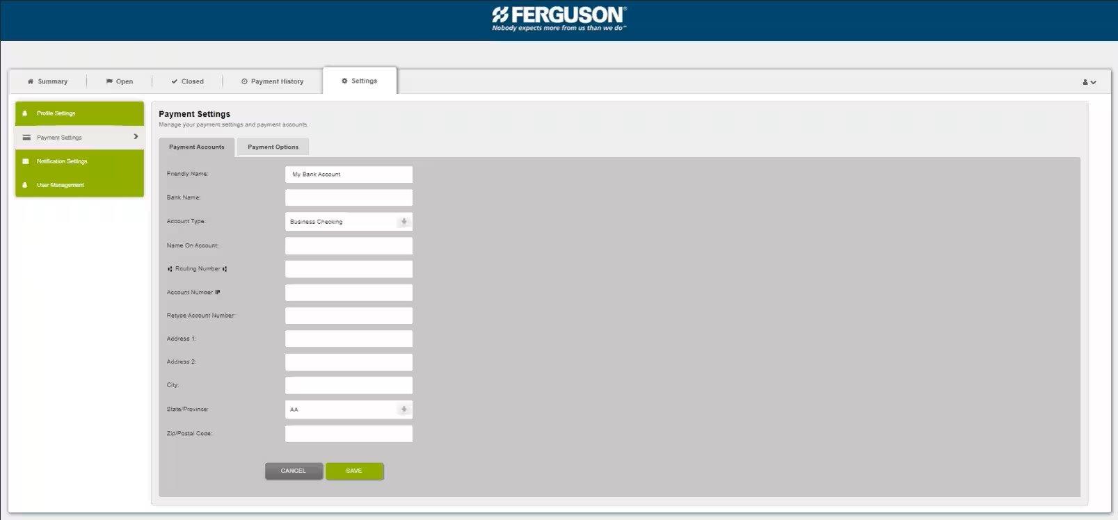 View of Settings tab on Online Bill Pay, with form fields to enter a new bank account for a payment account.