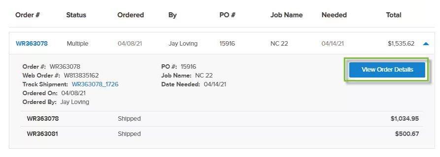 Screen showing an order with a blue View Order Details button outlined in green.