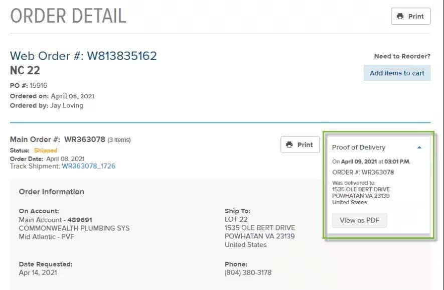 Screen showing order details with a proof of delivery section on the right outlined in green.