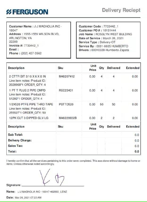 A Ferguson delivery receipt shows all details of an order that was delivered, with a signature on the bottom.