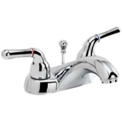 A two-handle centerset bathroom sink faucet in chrome.