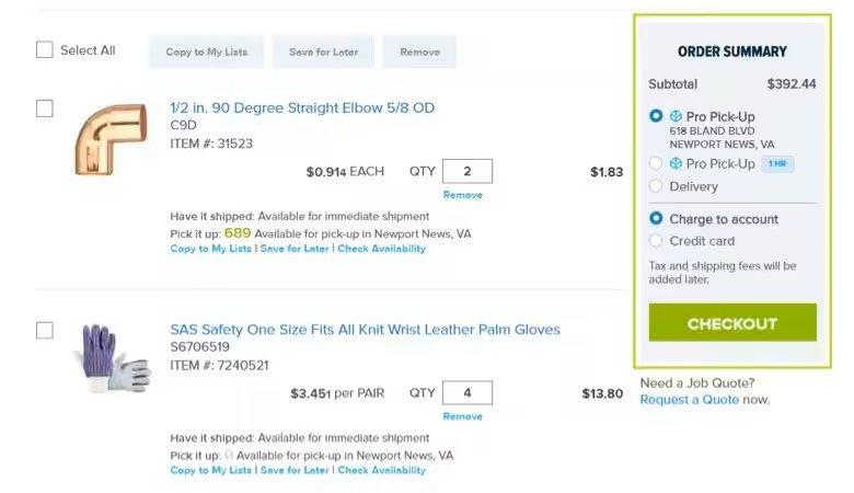 View of Ferguson shopping cart with Pro Pick-Up and store selected under the order summary outlined in green.