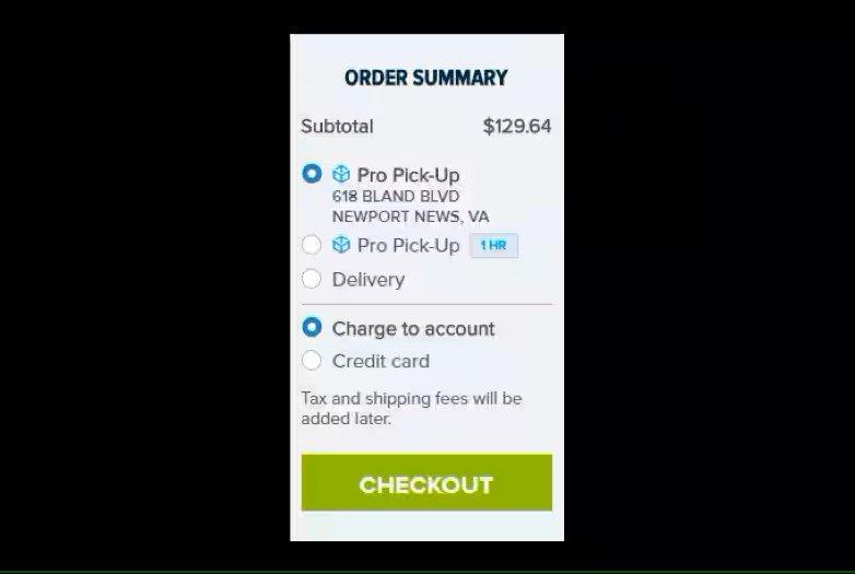 Closer view of order summary with Pro Pick-Up and store selected, with charge to account selected.
