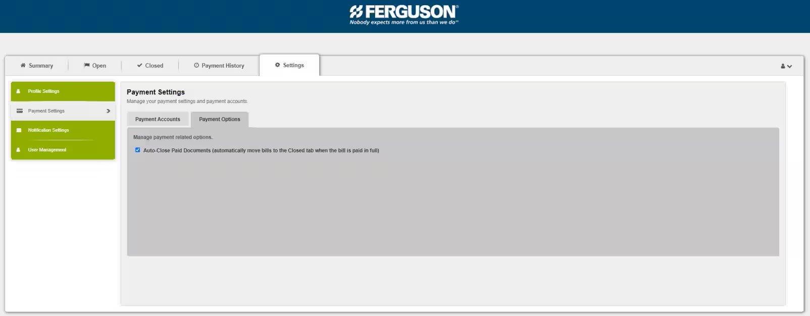 View of Settings tab on Online Bill Pay, with the payment option to auto-close paid documents selected.