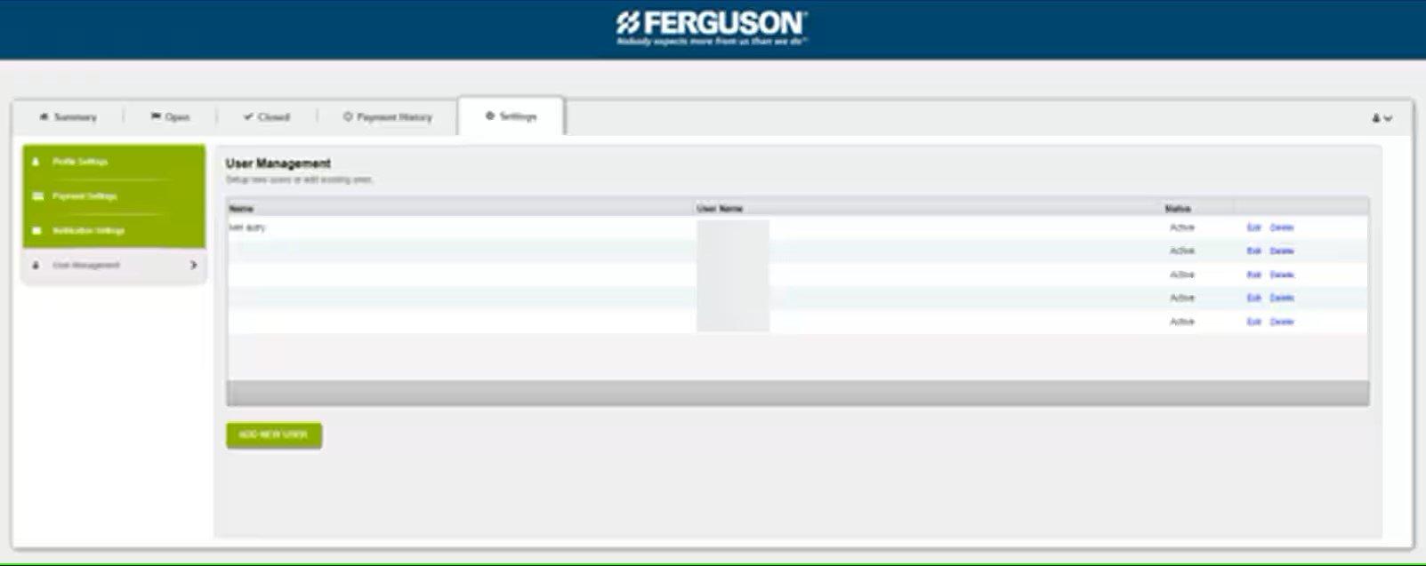 View of Settings tab on Online Bill Pay, with user management on the left selected.