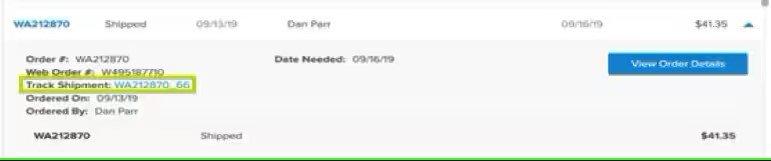 View of an order page that has been expanded, with the Track Shipment link outlined in green.