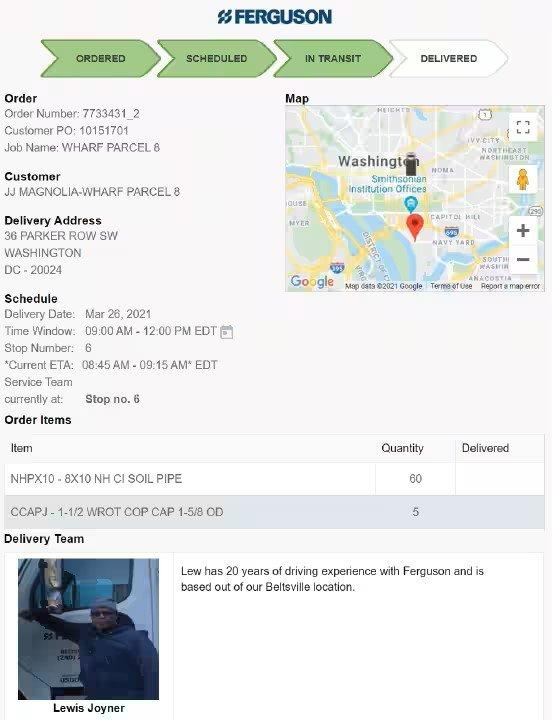 Order Tracking webpage showing the order number and details, a map of the order’s location, what step the order is in, the item, schedule and delivery team, with a photo and short bio of the driver.